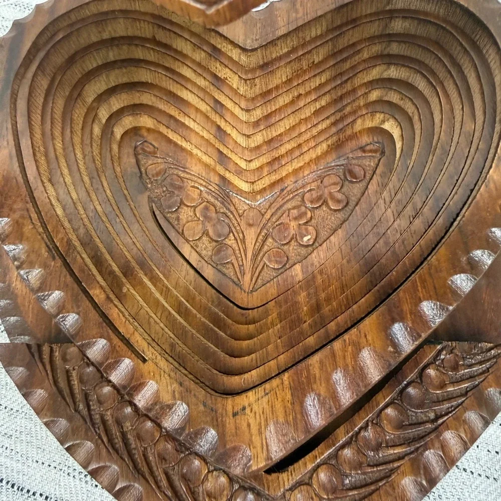 Vintage Carved Wooden Collapsible Folding Heart Bowl Basket Cottagecore Rustic